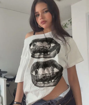 Dames T-shirt met Streetwear Hip Hop Mondprint - Losse Pasvorm