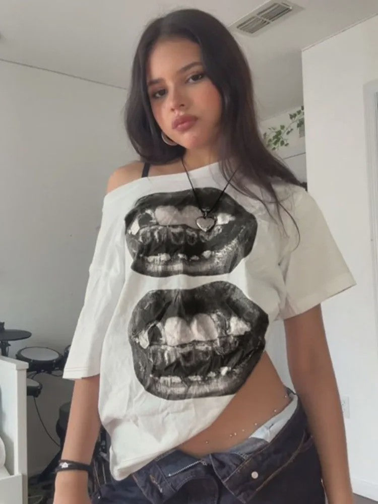 Dames T-shirt met Streetwear Hip Hop Mondprint - Losse Pasvorm