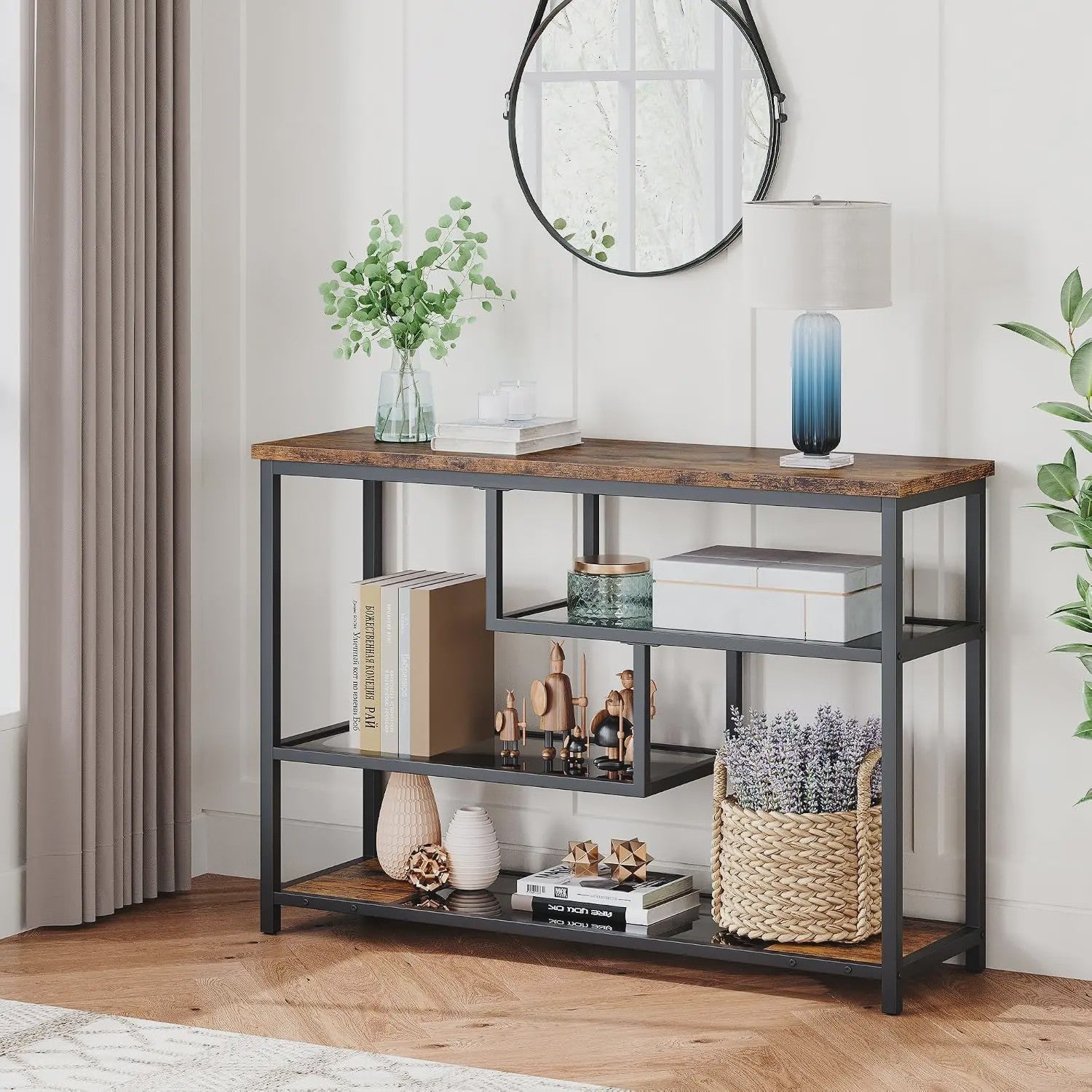 Industriële Vintage Console Tafel met 4 Niveaus en Glazen Bladen
