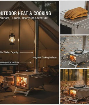 80-Inch RVS Camping Houtkachel met 8 Pijpen - Draagbaar & Efficiënt voor Buiten Koken & Verwarming
