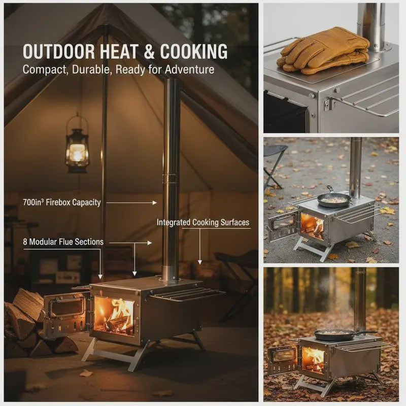 80-Inch RVS Camping Houtkachel met 8 Pijpen - Draagbaar & Efficiënt voor Buiten Koken & Verwarming