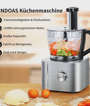 11-in-1 Keukenmachine 1100W met 3.2L Kom & 1.5L Blender - Compact Zilver