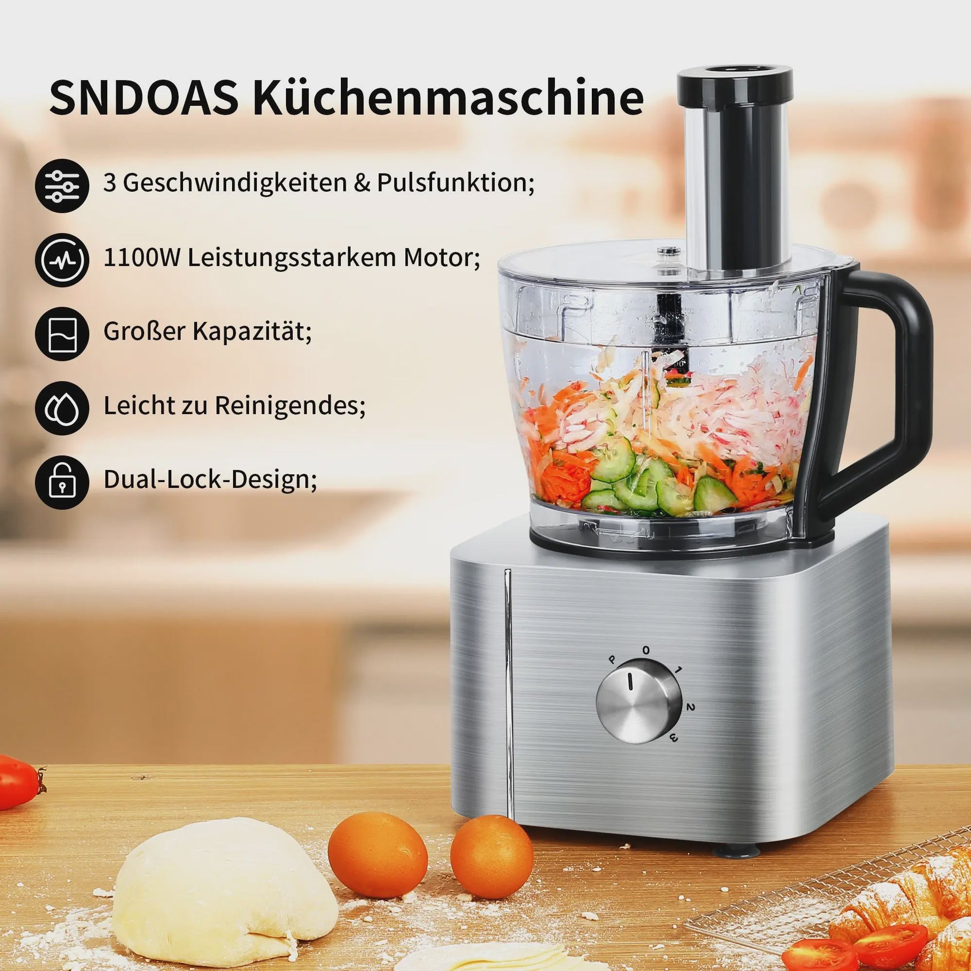 11-in-1 Keukenmachine 1100W met 3.2L Kom & 1.5L Blender - Compact Zilver