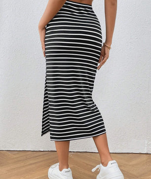 Dames Midi Rok met Streepjes, Knoopdetail en Split