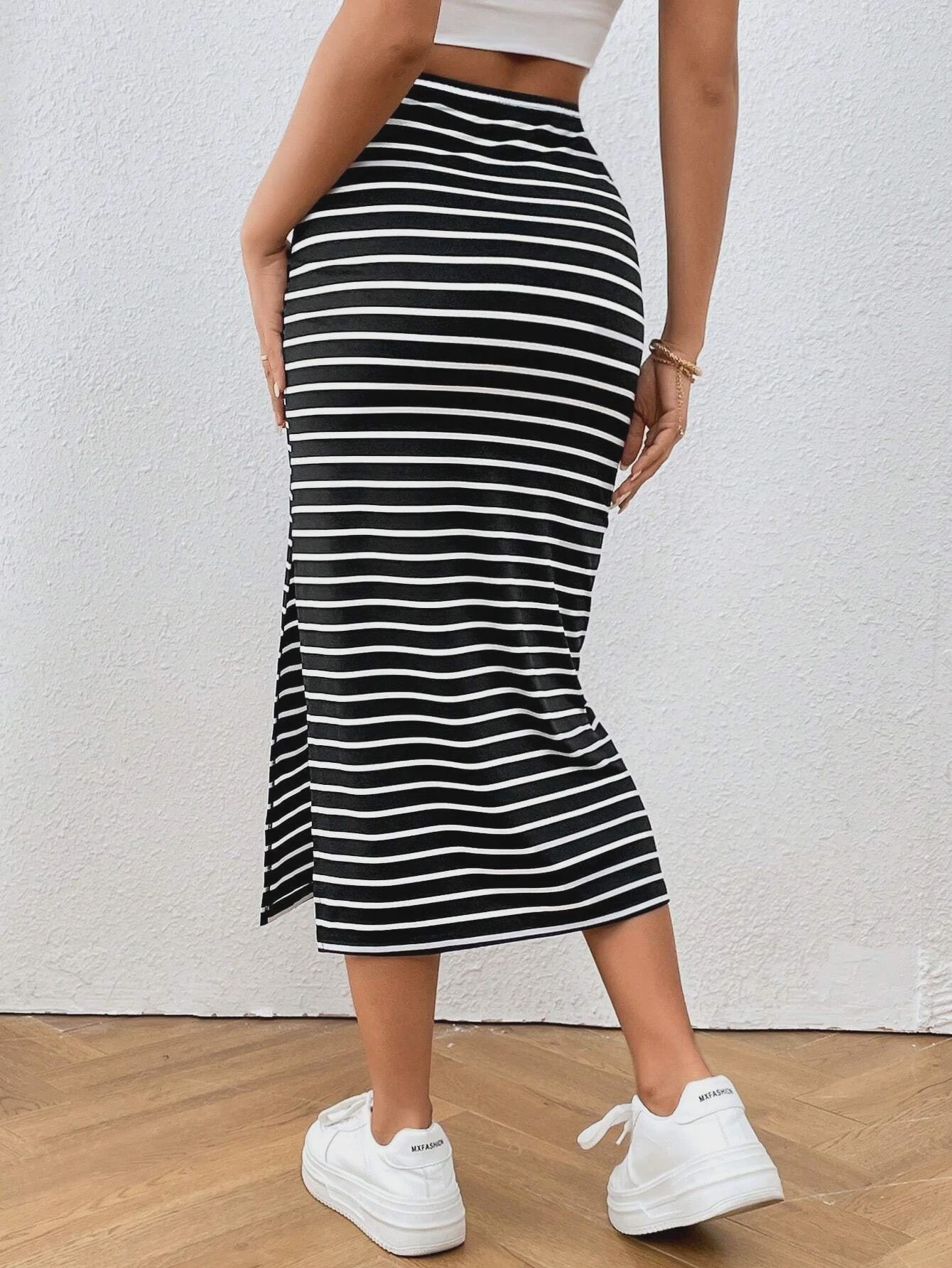 Dames Midi Rok met Streepjes, Knoopdetail en Split