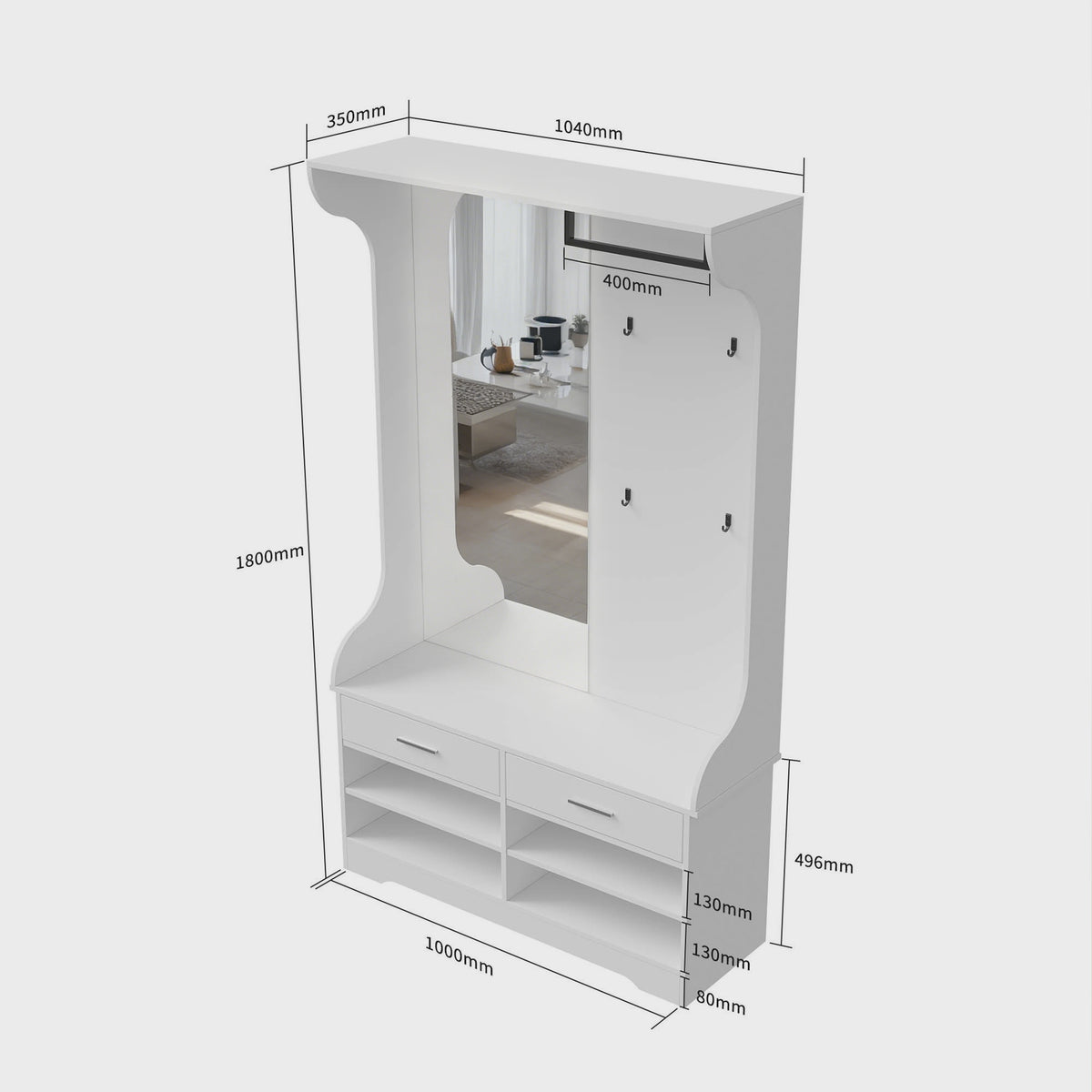 Witte Kapstok met Spiegel, Schoenenkast, Lades en Open Vakken - Multifunctioneel Entree Meubel