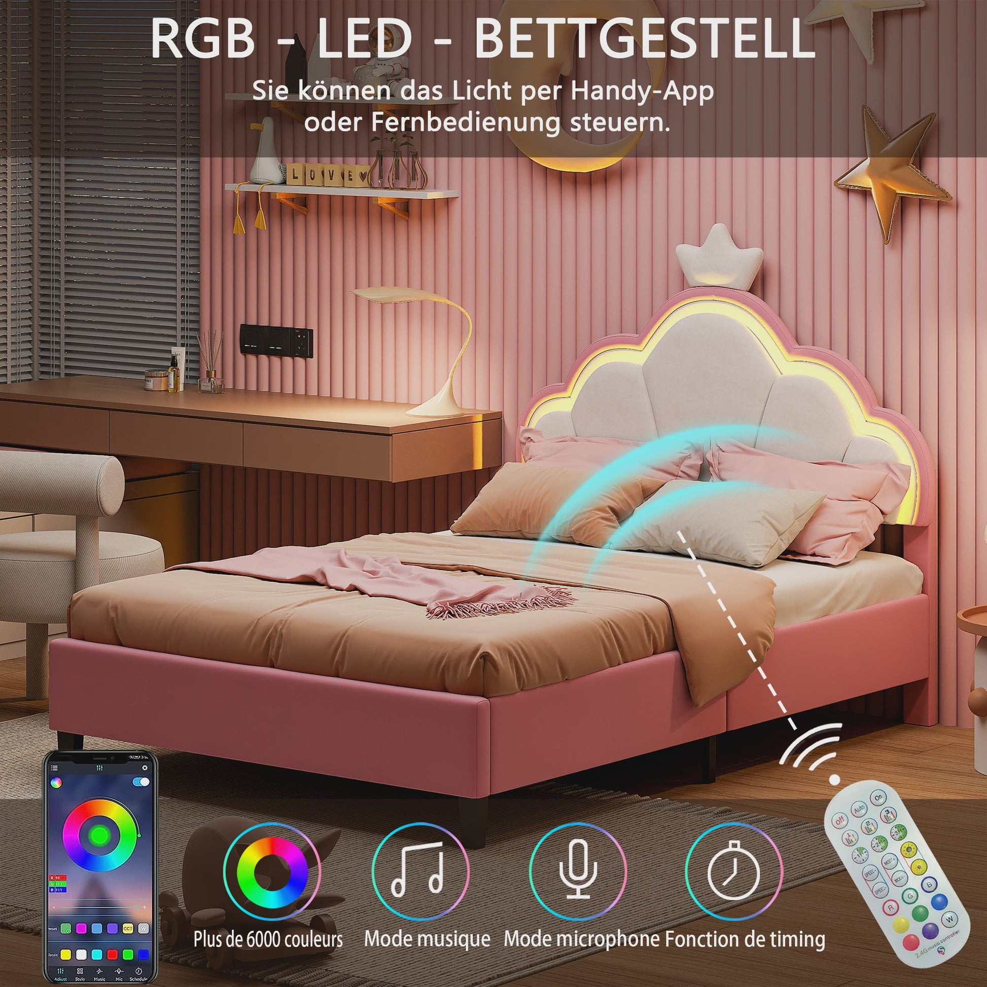 Betoverend Prinsessenbed met Kroon en LED-verlichting - Roze Kinderbed