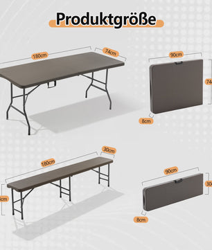 Opvouwbare Picknicktafel Set met 2 Banken - 180cm HDPE, UV-bestendig, Bruin