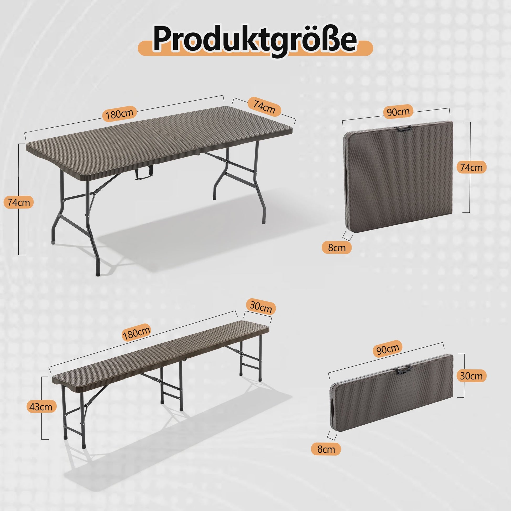 Opvouwbare Picknicktafel Set met 2 Banken - 180cm HDPE, UV-bestendig, Bruin