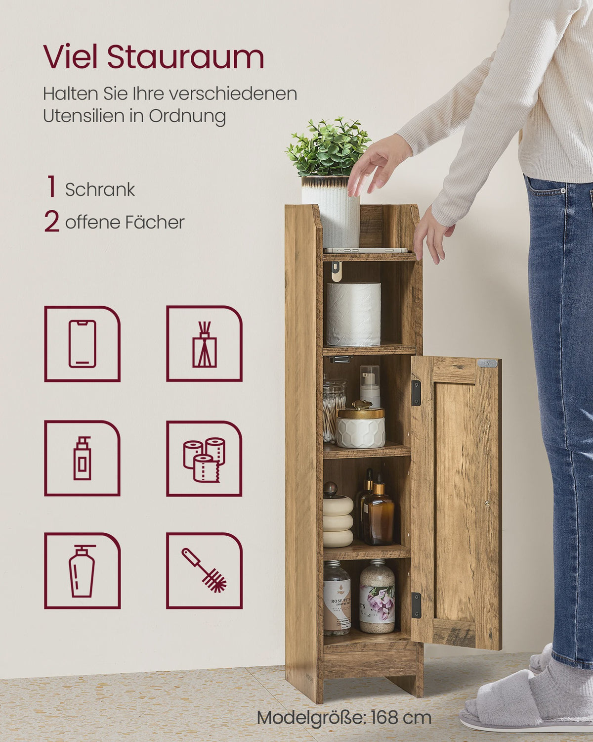 Smalle Houten Badkamerkast met Deur en Plank - Ideaal voor Toiletpapier