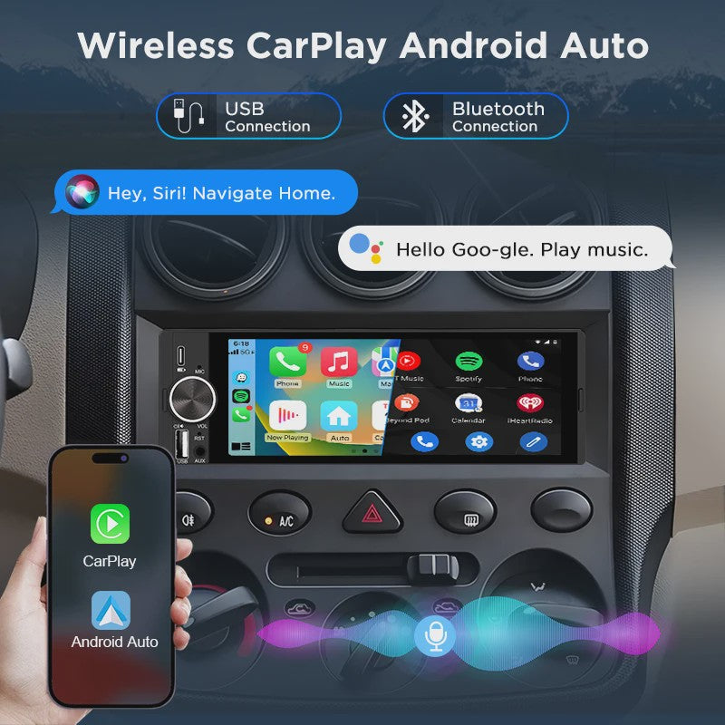Universele 1-DIN Autoradio met 6.86" IPS Touchscreen, Draadloze CarPlay & Android Auto
