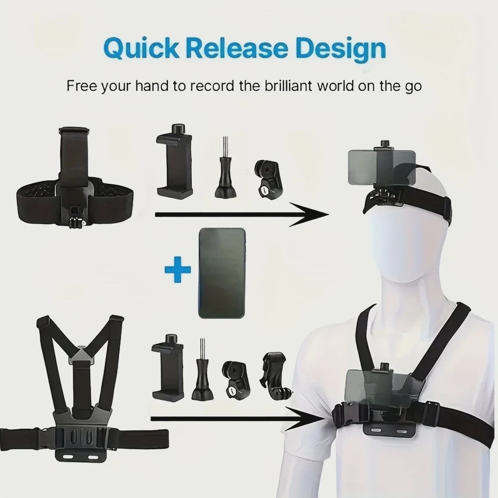 Action Camera Accessoires Kit: Hoofd- en Borstband Mount voor GoPro, Telefoon & meer