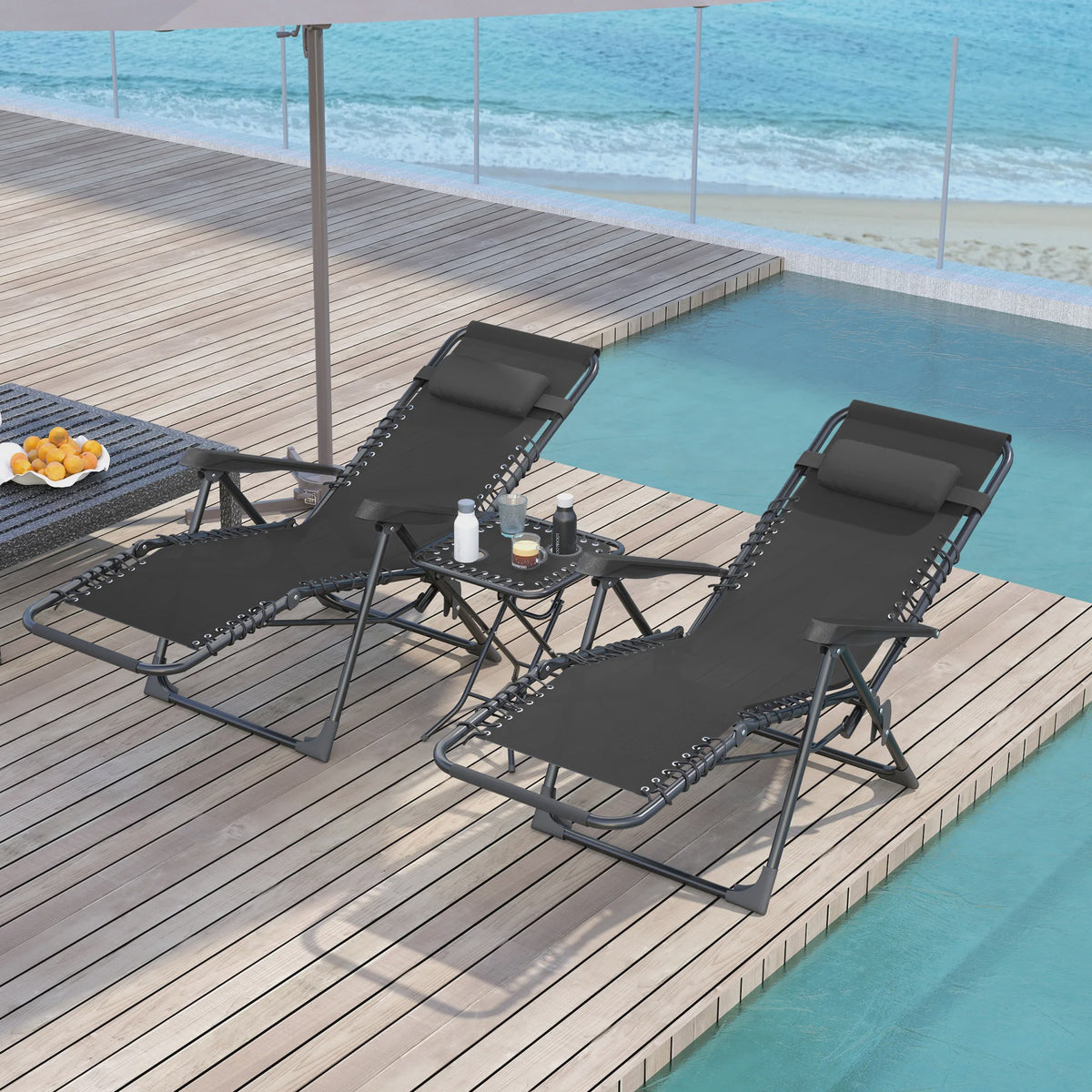 Outsunny Loungeset 2 Klapstoelen met bijzettafel, zwart - Comfortabel en Draagbaar