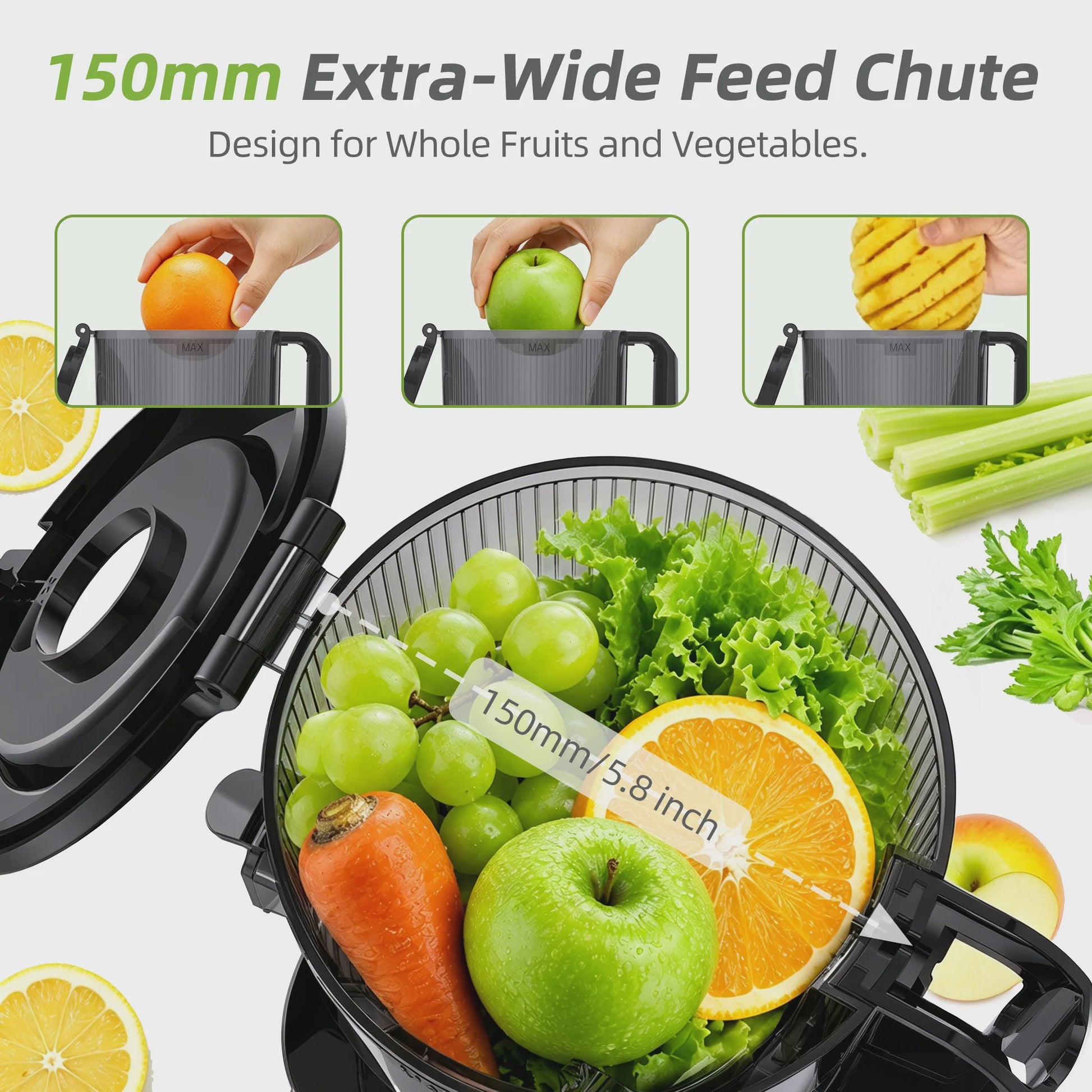 BioloMix 3-in-1 Slow Juicer: Sap, Sorbet & Notenmelk - 150mm Brede Vulopening, 300W Digitaal Display