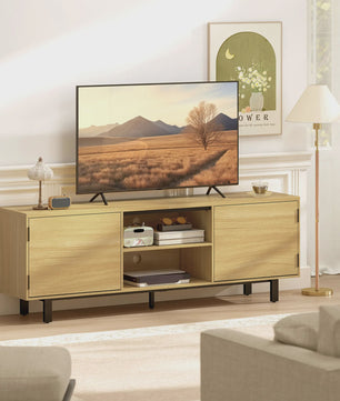 HOMCOM TV Meubel 160cm - Stijlvolle TV-kast met 2 deuren, open vakken & metalen poten - Geschikt voor TV's tot 65 inch - Naturel Hout