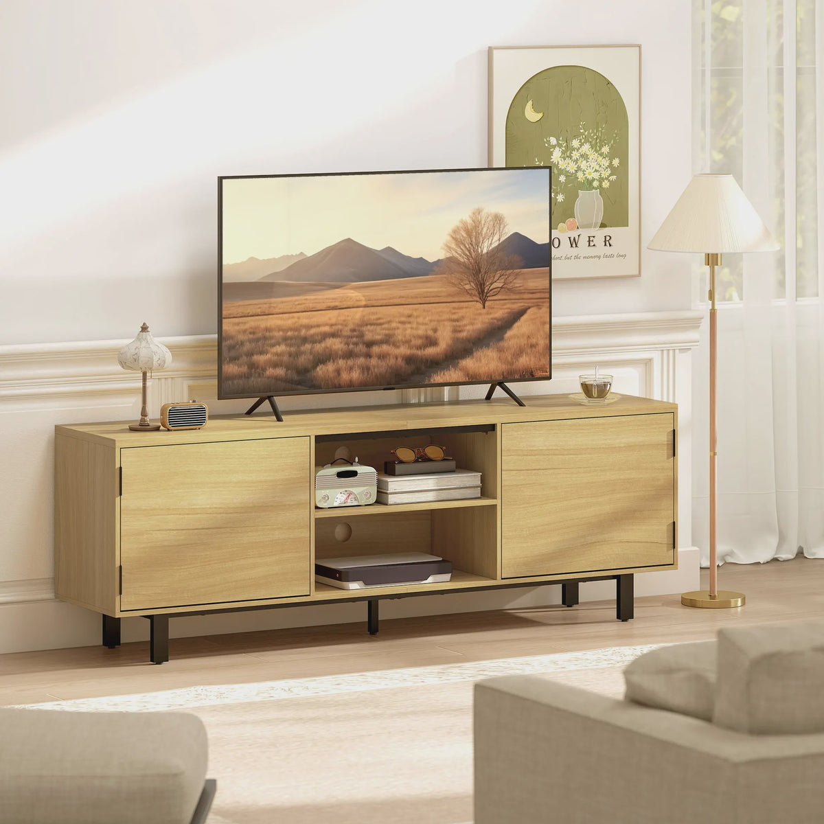 HOMCOM TV Meubel 160cm - Stijlvolle TV-kast met 2 deuren, open vakken & metalen poten - Geschikt voor TV's tot 65 inch - Naturel Hout