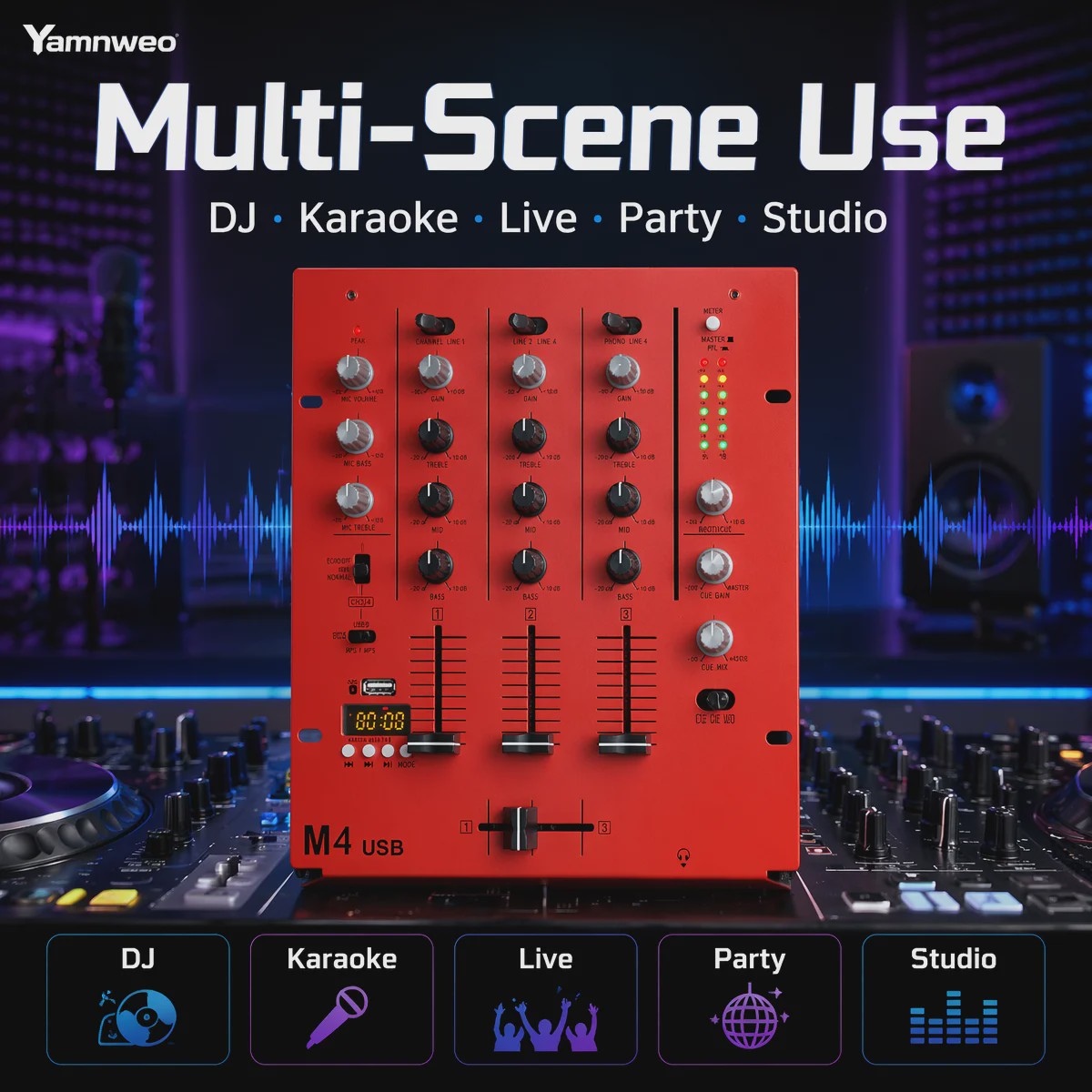 Yamnweo M4 Mini DJ Mixer - 3 Kanaals Audio Console met Bluetooth, USB MP3 & EQ