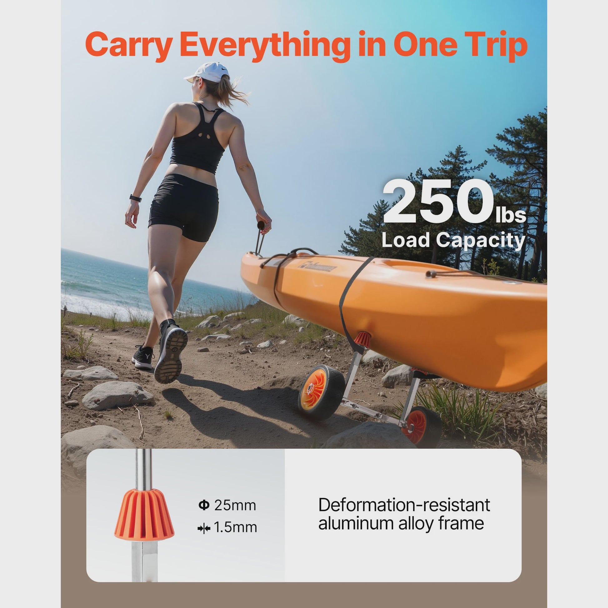 Stevige Kajak & Paddleboard Kar - 250 lbs capaciteit, 7.5 inch solide banden & Kickstand
