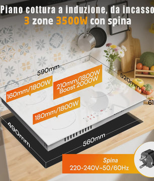 Hobsir Inductie Kookplaat Wit - 60cm, 3 Zones, 3500W, Timer & Kinderslot