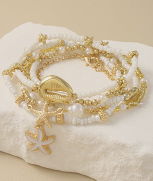 Set van 5 Vintage Kralen Armbanden met Sterren en Schelpen - Zomerse Beach Party Stijl