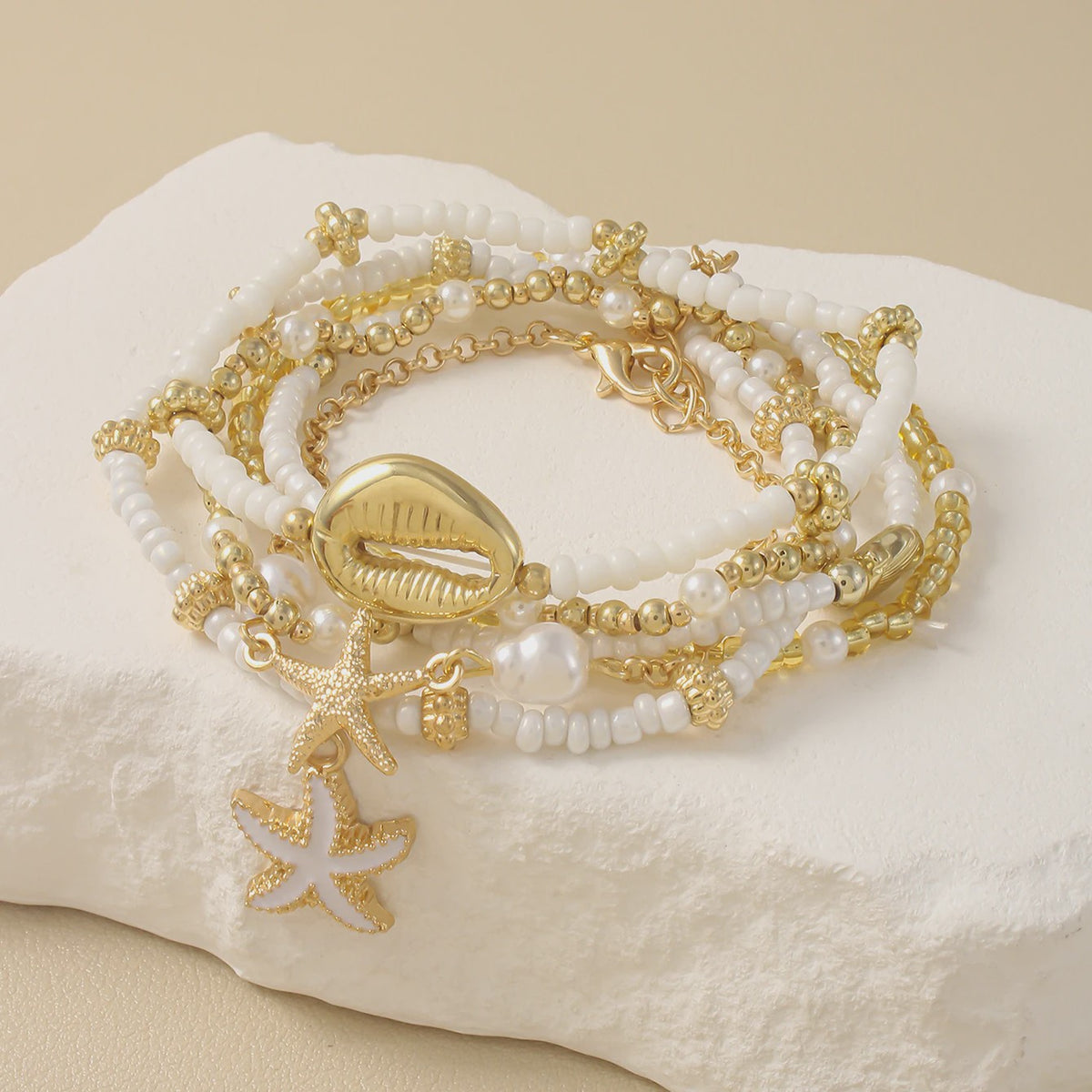 Set van 5 Vintage Kralen Armbanden met Sterren en Schelpen - Zomerse Beach Party Stijl