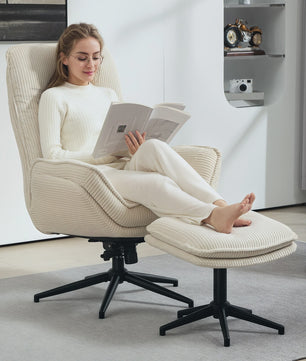 HOMCOM Armchair Living Room with Feet, Ribbed Velvet swivel chair, tilt back, seat and armrests padded, top back, Armchair for living room and bedroom, beige