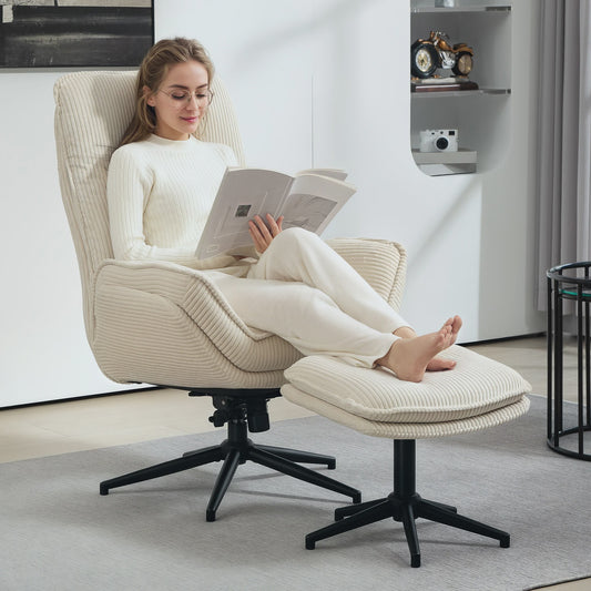 HOMCOM Armchair Living Room with Feet, Ribbed Velvet swivel chair, tilt back, seat and armrests padded, top back, Armchair for living room and bedroom, beige