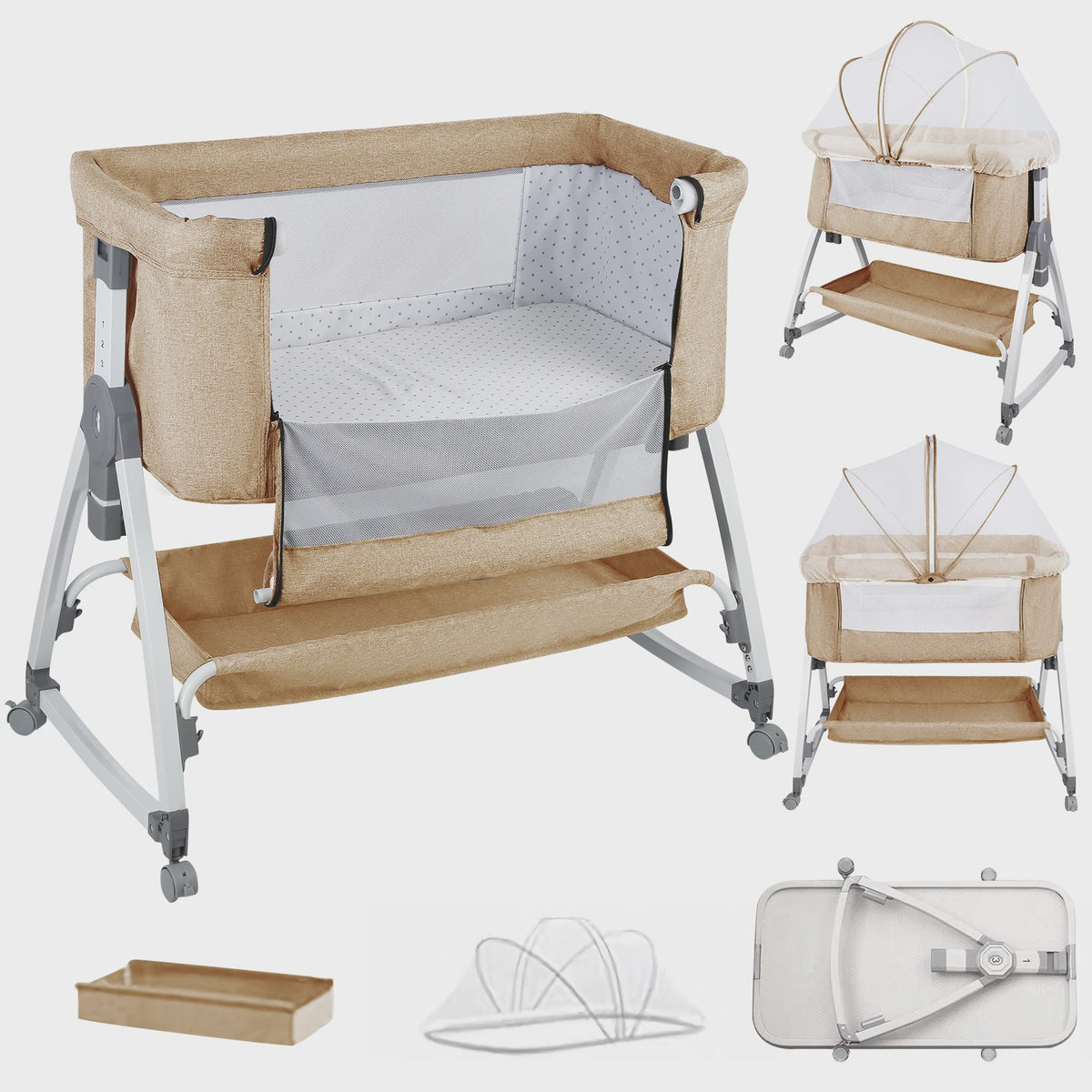 Baby Co-sleeper Wieg 2-in-1 met Wielen, 6 Hoogte-instellingen en Klamboe