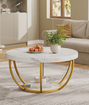 Ronde Marmerlook Salontafel met Gouden Onderstel - 32 inch, 2 Niveaus