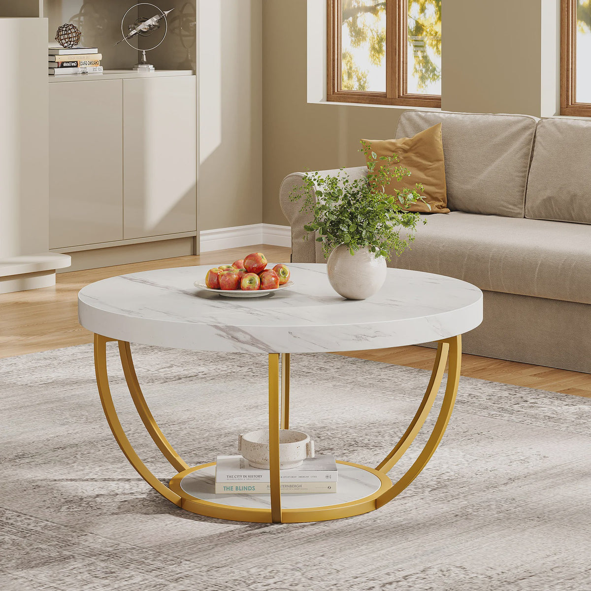 Ronde Marmerlook Salontafel met Gouden Onderstel - 32 inch, 2 Niveaus