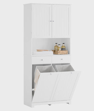 SoBuy BZR215-W Hoge Badkamerkast met 2 Wasmanden, 2 Lades & Open Vak - 78x38x181cm
