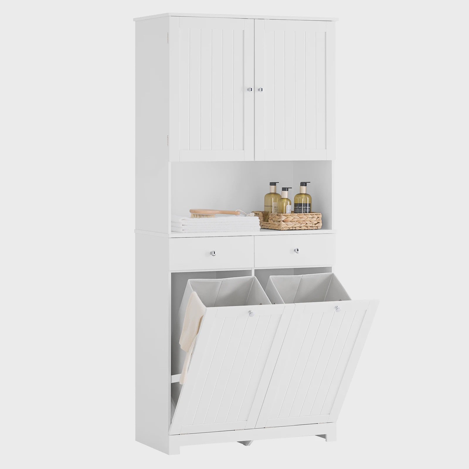 SoBuy BZR215-W Hoge Badkamerkast met 2 Wasmanden, 2 Lades & Open Vak - 78x38x181cm