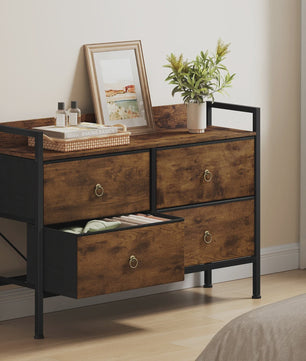 Vintage Bruine Ladekast met 4 Stoffen Lades - Stijlvolle Opbergkast voor Slaapkamer & Woonkamer