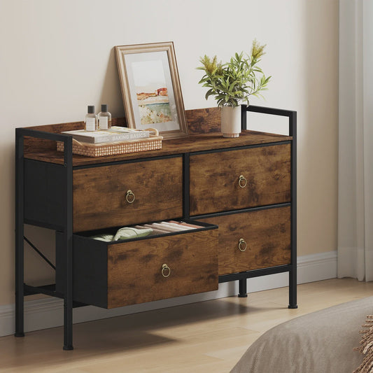 Vintage Bruine Ladekast met 4 Stoffen Lades - Stijlvolle Opbergkast voor Slaapkamer & Woonkamer