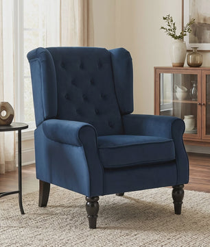 Donkerblauwe gestoffeerde fauteuil met brede zitting en klassieke houten poten - Comfortabel en stijlvol