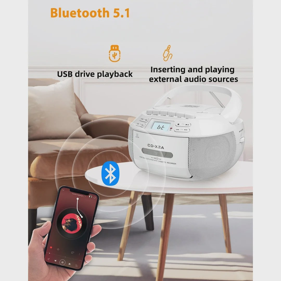 Draagbare CD-speler met Bluetooth, Cassetterecorder & USB - Stereo voor Thuis & Onderweg