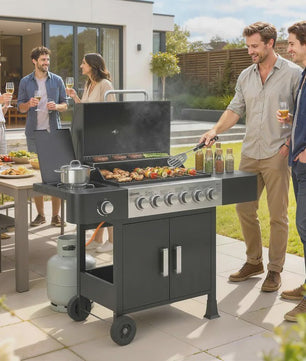 RVS Gas BBQ Grill Cart met 6+1 Branders, Zijbrander, Wielen & Thermometer