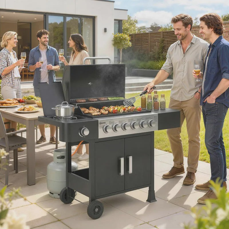 RVS Gas BBQ Grill Cart met 6+1 Branders, Zijbrander, Wielen & Thermometer
