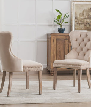 Set van 2 Luxe Fluwelen Eetkamerstoelen met Knopen en Houten Poten