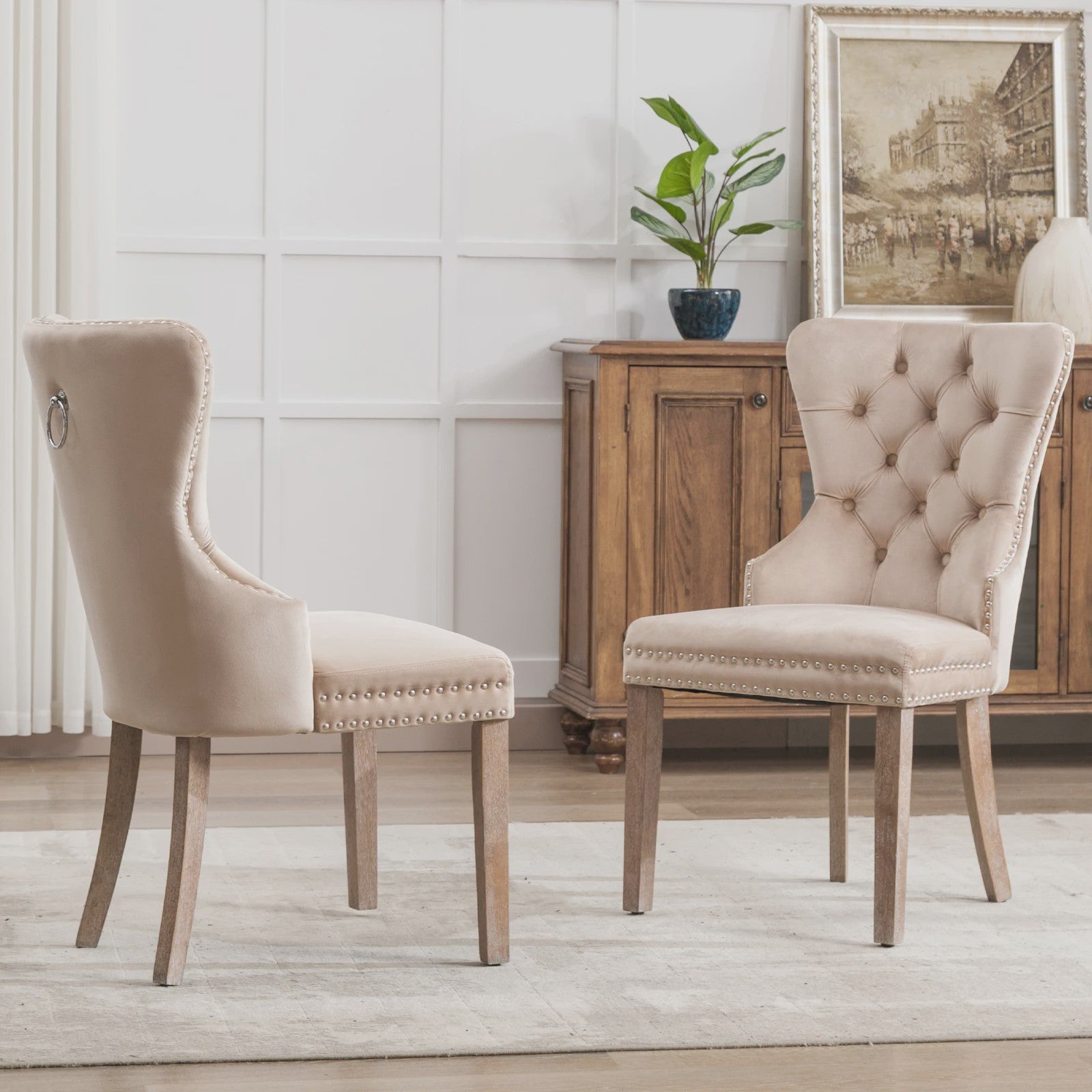Set van 2 Luxe Fluwelen Eetkamerstoelen met Knopen en Houten Poten