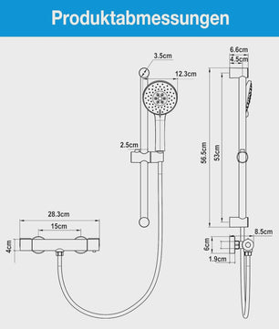 Thermostatische Douchekraan Set met Handdouche en 3 Straalstanden - Wandmontage Badkamer Mixer
