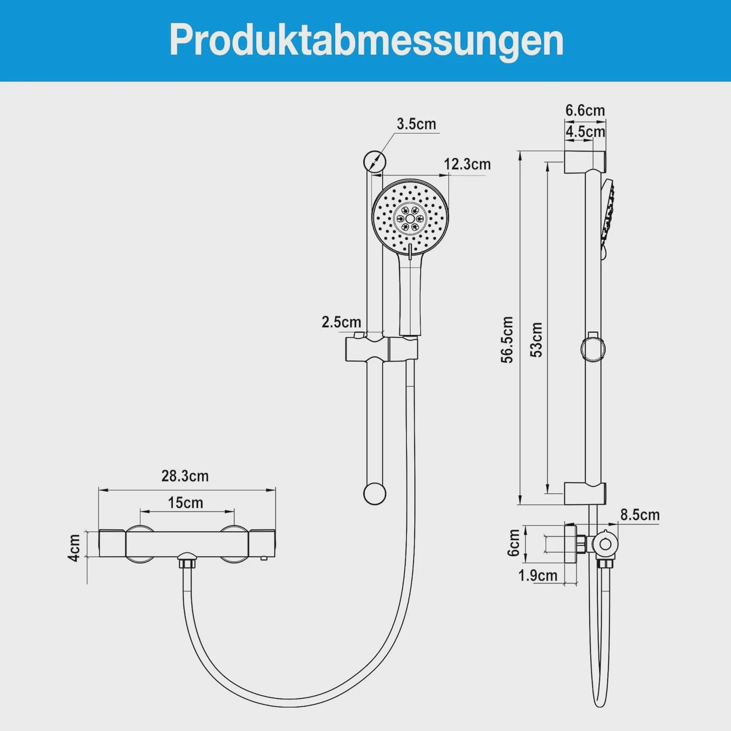 Thermostatische Douchekraan Set met Handdouche en 3 Straalstanden - Wandmontage Badkamer Mixer