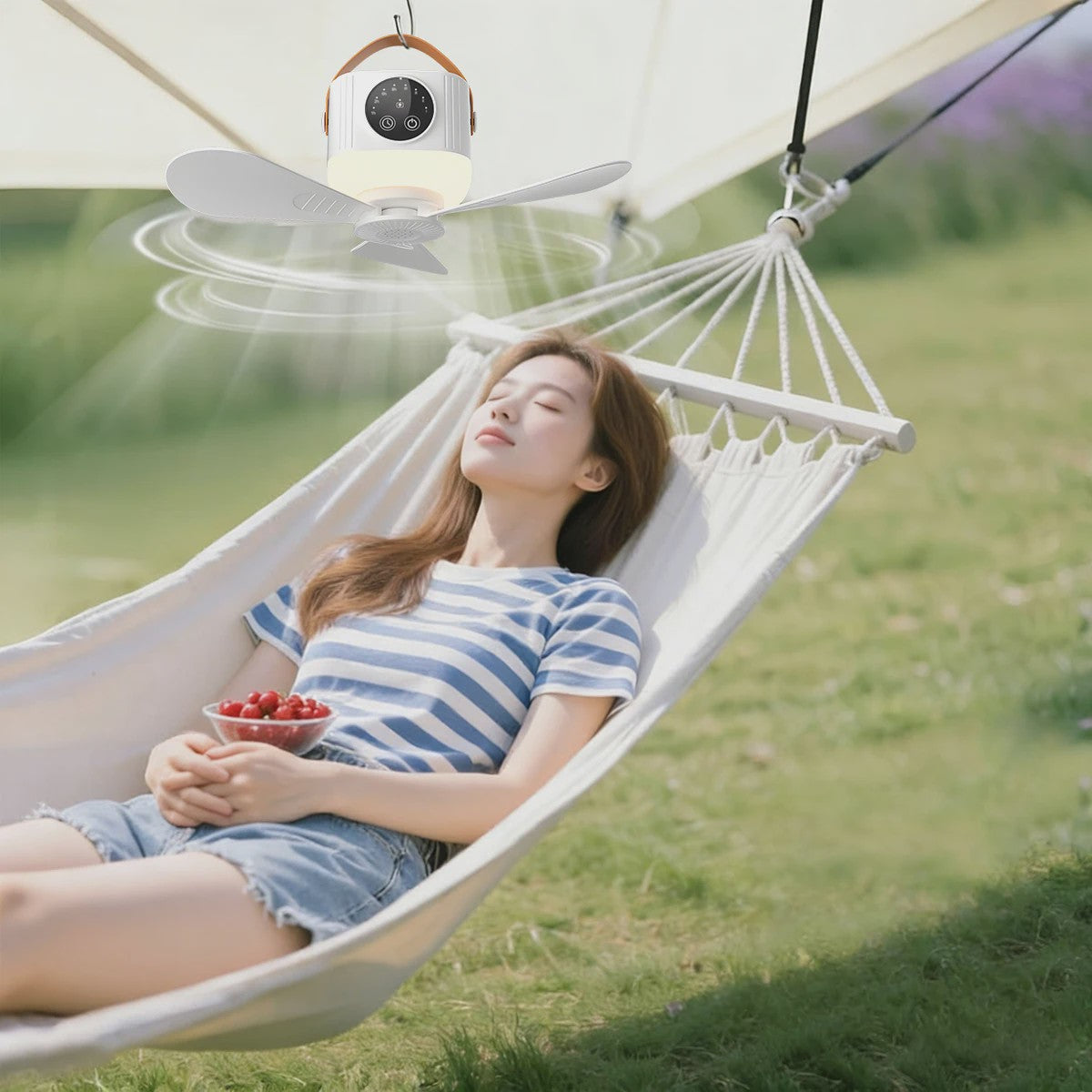 Oplaadbare Hangende Ventilator met 3600mAh Batterij, 4 Snelheden & 3 Lichtstanden - Draagbaar voor Camping & Reizen