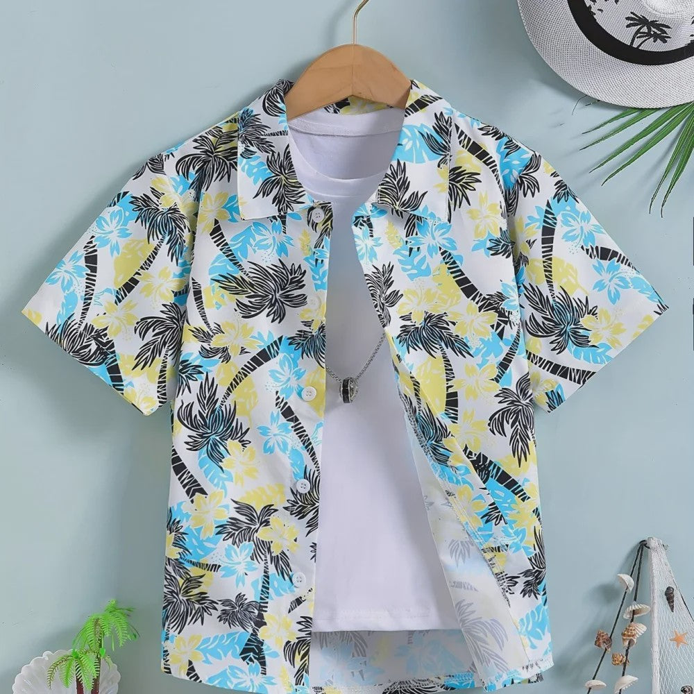 Kinder Hawaii Blouse Korte Mouw met Palmbomen Print - Perfect voor Vakantie en Buitenplezier