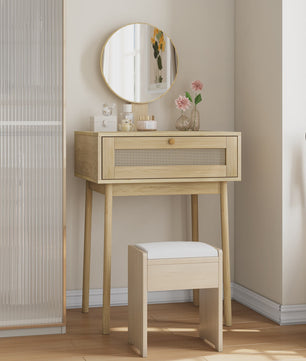 Houten Make-up Tafel met Rotan Ladefront en Ronde Spiegel - Stijlvolle Kaptafel