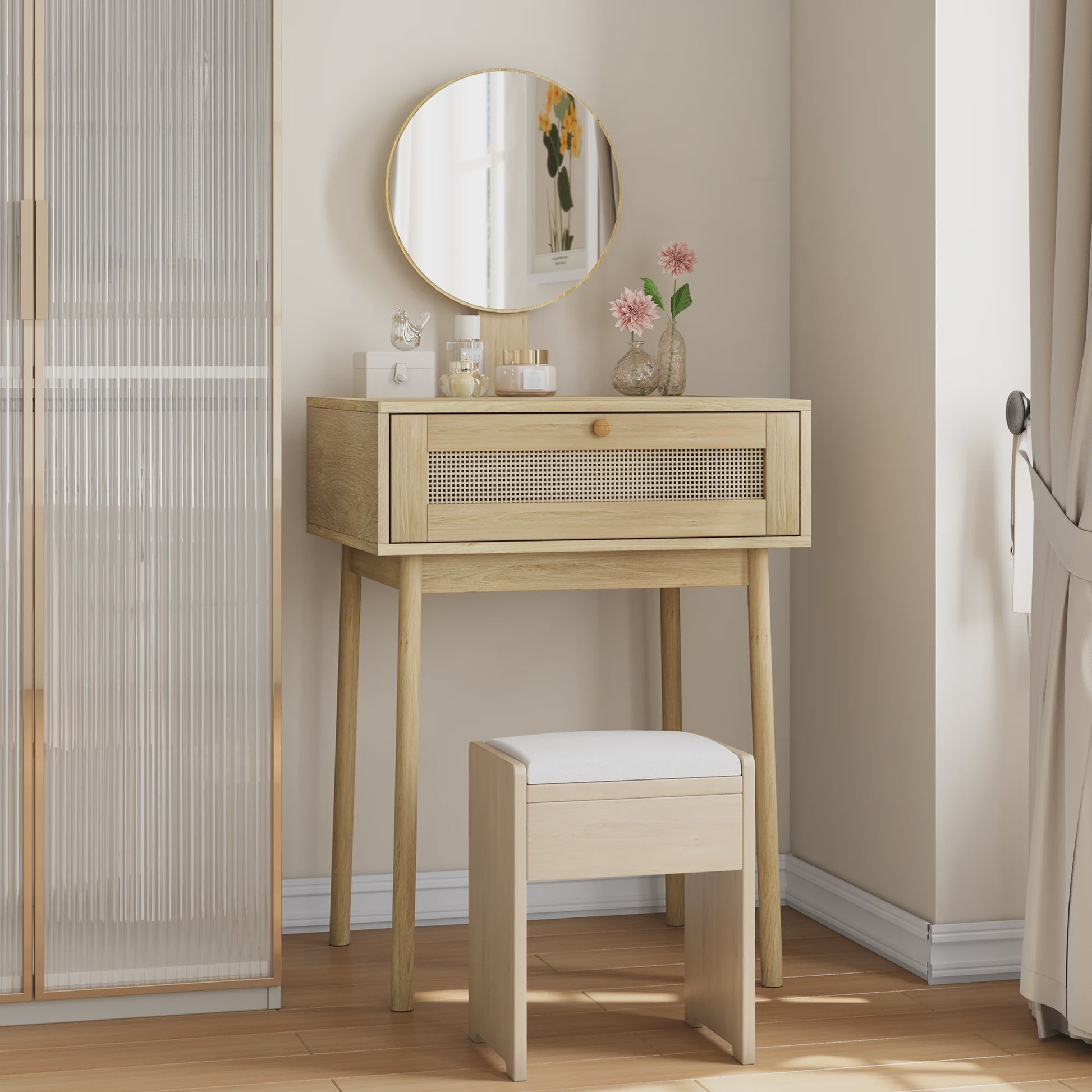 Houten Make-up Tafel met Rotan Ladefront en Ronde Spiegel - Stijlvolle Kaptafel