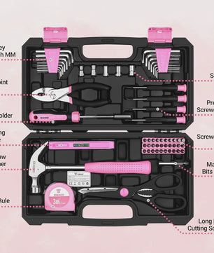 DEKO Complete Gereedschapskist Roze - 62 Delen - Ideaal voor Vrouwen, Huis, Hobby & Auto