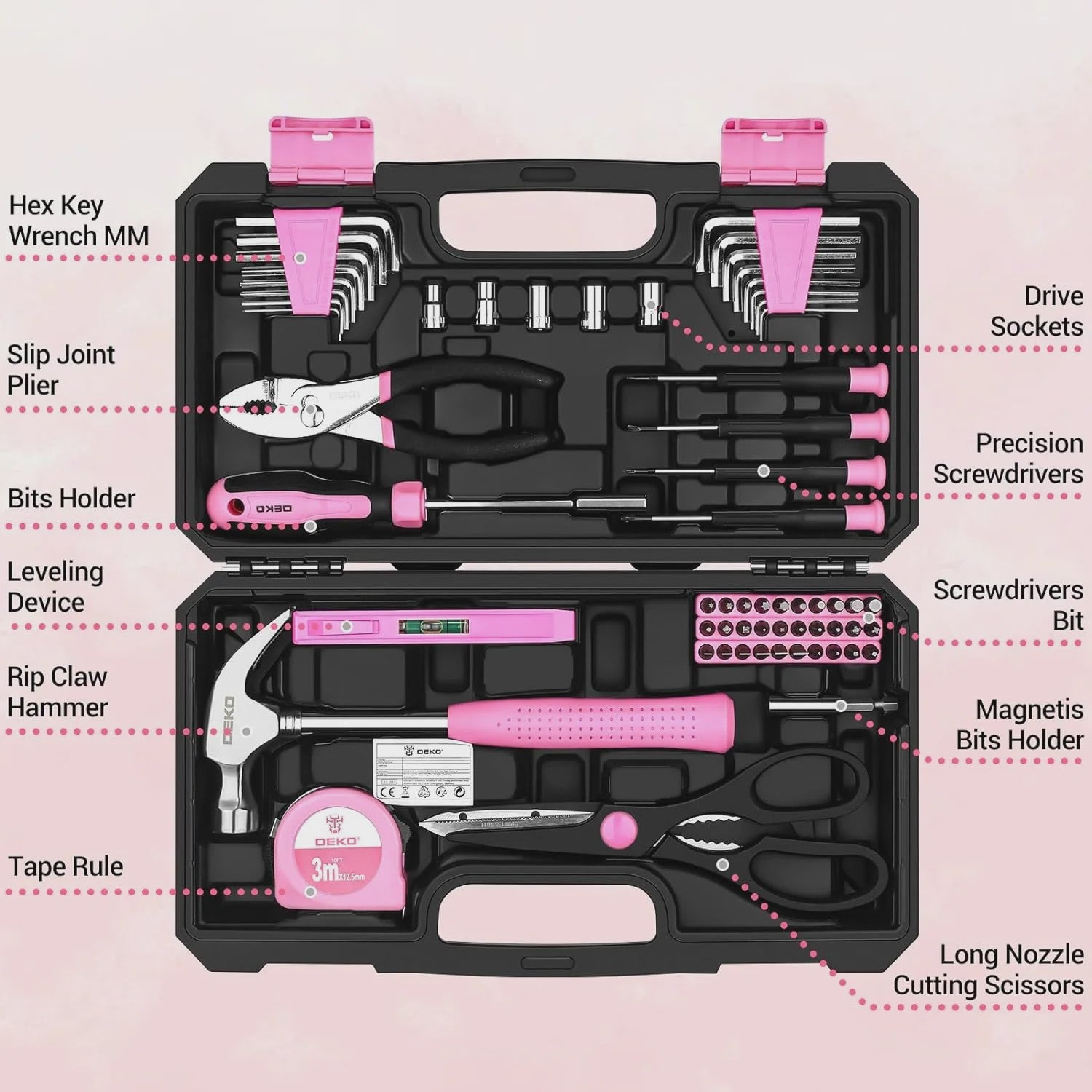 DEKO Complete Gereedschapskist Roze - 62 Delen - Ideaal voor Vrouwen, Huis, Hobby & Auto