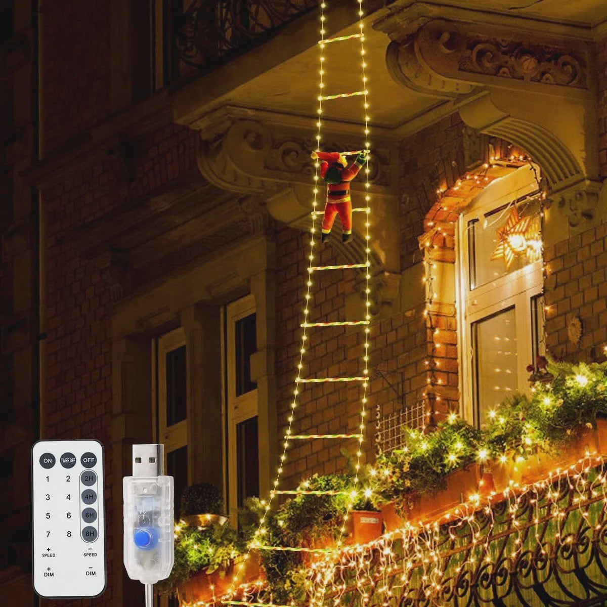 Kerstman Klimladder LED Verlichting - 1.5/3M - USB Plug - 8 Modi