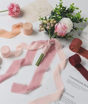 Handgemaakte Satijn Chiffon Lint Set - 3 Rollen van 5m met Rafeleffect voor Bruiloft, Cadeau & DIY Decoratie